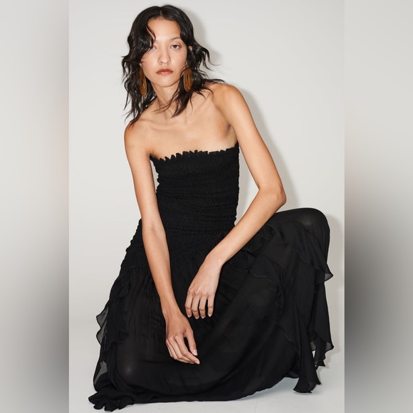 Zara RUCHED STRAPLESS Black DRESS Sz.S - Picture 2 of 13